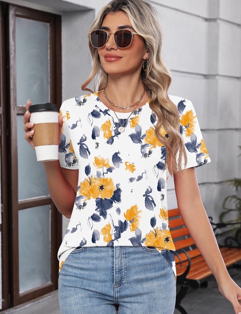 TCOT Womens Shirts Dressy Casual Short Sleeve 2026 Trendy Elegant Loose Casual Crew Neck Blouses Yellow Floral XL - Image 4