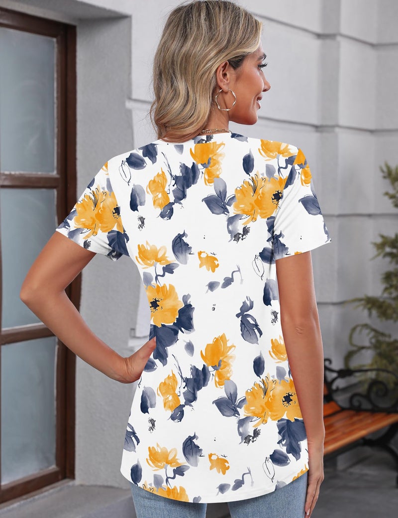 TCOT Womens Shirts Dressy Casual Short Sleeve 2026 Trendy Elegant Loose Casual Crew Neck Blouses Yellow Floral XL - Image 3