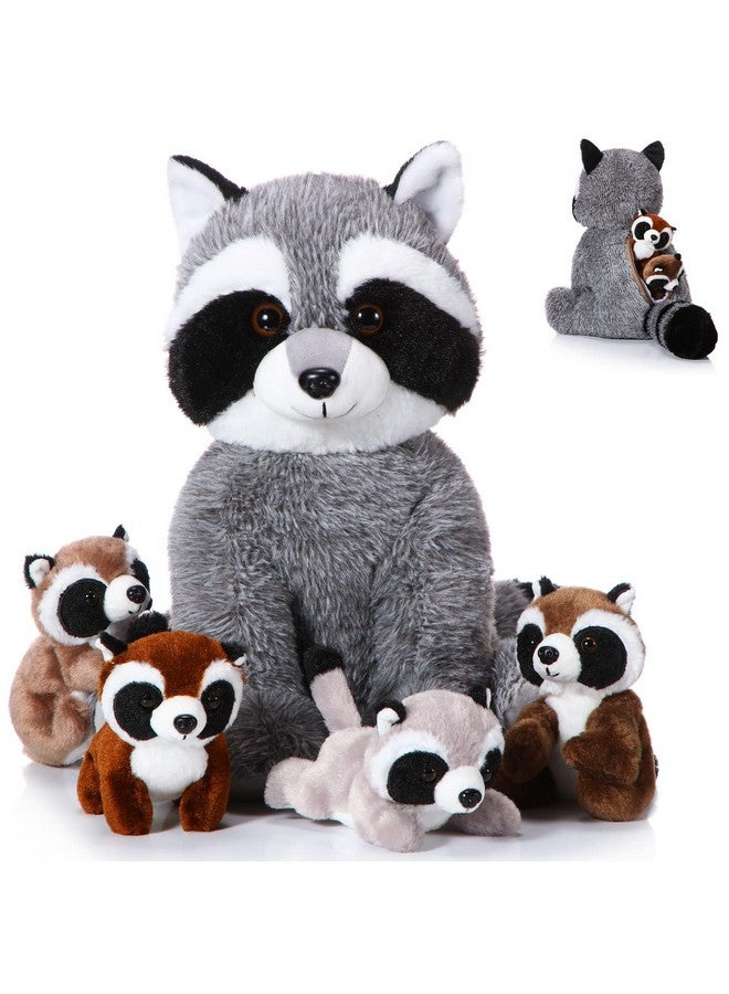 Harrycle 5 Pcs Raccoon Stuffed Animal Set Adorable Mommy Raccoon Plush with 4 Cute Babies in Tummy Soft Cuddly Plushie for Birthday Woodland Party Decor(Cute Style) - Image 1