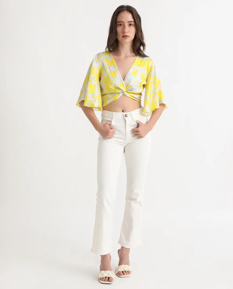 Rareism Women's Flared Sleeve V-Neck Knot Crop Top