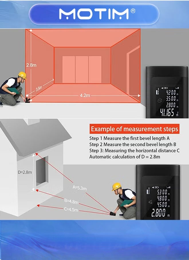 Motim Laser Measure 60m Small Handheld Household Portable Laser Distance Meters with Type-C Portable Charging & Backlit Display & M/in/FT Unit Conversion & ±1/16 inch High Accuracy Laser Measuring Ruler  - Image 5