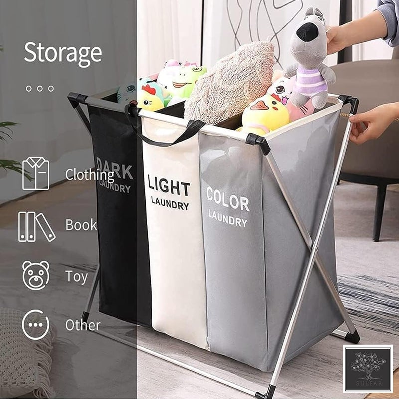 الكبريت عربة تصنيف سلال الملابس من الخيزران من ، عملية وقابلة للطي، سلة تخزين ملابس قابلة للطي مع كيس داخلي قابل للإزالة، إطار على شكل حرف “X”， خزانة تنظيم الملابس من الخيزران للاستخدام في الحمام (مكونة من 3 أقسام). - Image 2