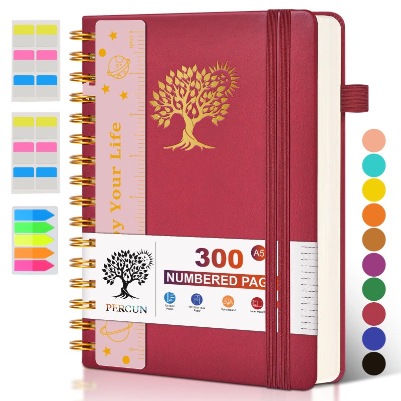 PERCUN Spiral Notebook Journal For Women Men  300 Numbered Lined Pages  College Ruled  A5 Hardcover Spiral Bound Notebook For School  Work  Note Taking Writing  Leather Spiral Journal Medium 5.9""X8.5"" - Image 1