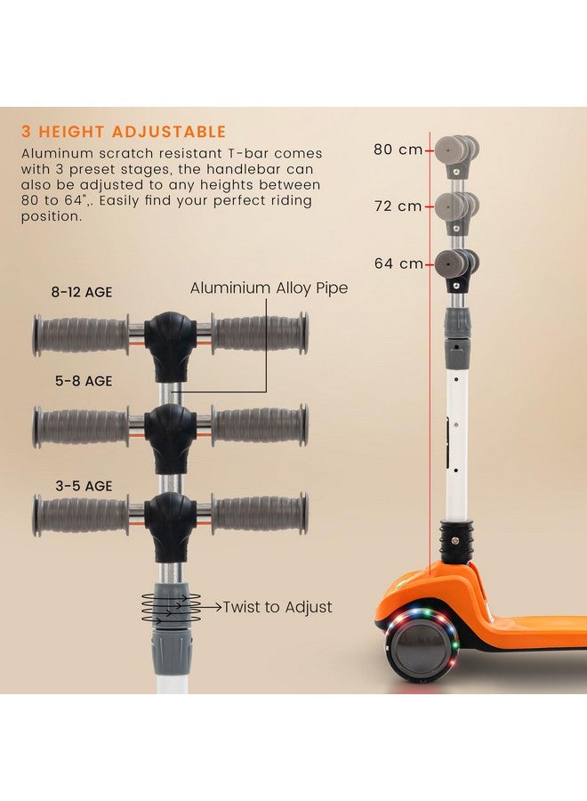 Baybee Phantom Baby Kick Scooter for Kids, Foldable Skate Scooter with 3 Height Adjustable & Music | Kids Scooter with LED PU Wheels & Brake | Runner Scooter for Kids 2 to 10 Years Boy Girl (Orange) - Image 3