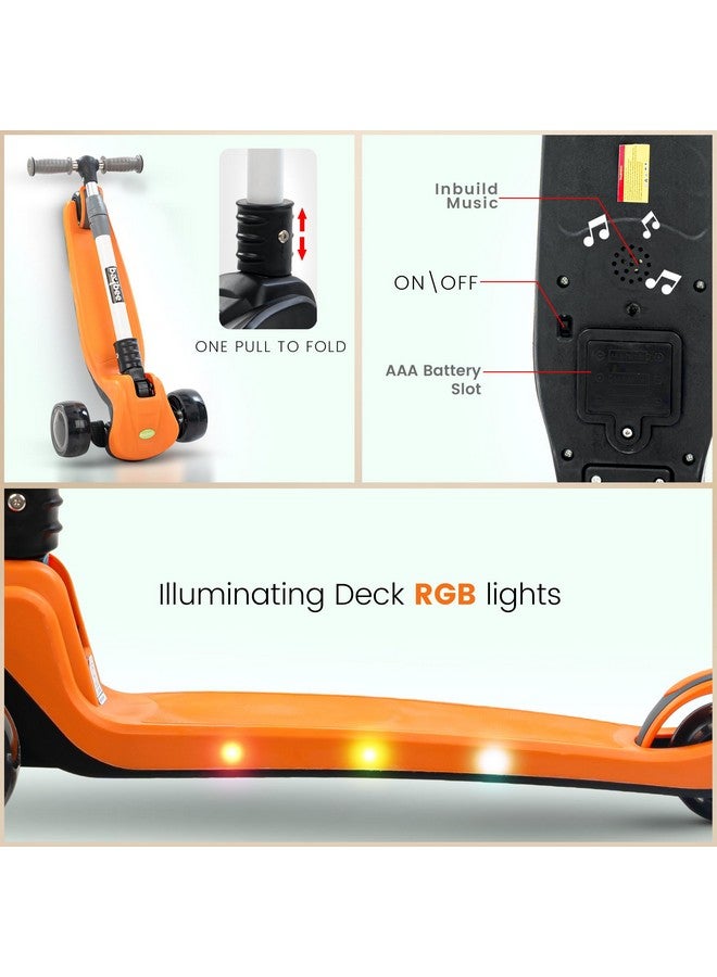 Baybee Phantom Baby Kick Scooter for Kids, Foldable Skate Scooter with 3 Height Adjustable & Music | Kids Scooter with LED PU Wheels & Brake | Runner Scooter for Kids 2 to 10 Years Boy Girl (Orange) - Image 5