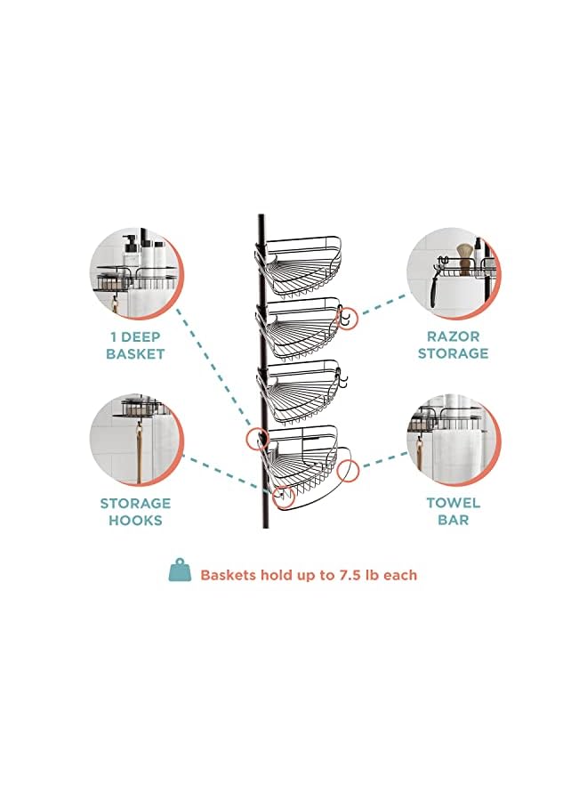 Raxoom Home Rust-Resistant Corner Shower Caddy for Bathroom, 4 Adjustable Shelves with Towel Bar and Hooks, with Tension Pole, for Bath and Shower Storage, 60-97 Inch, Bronze - Image 3