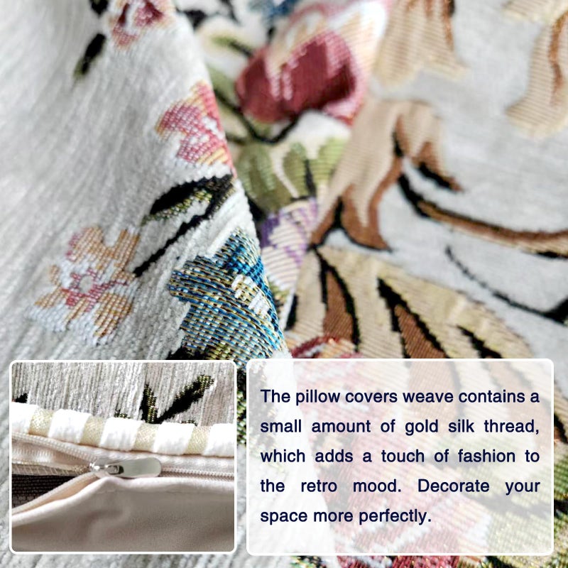 Qupace Set of 2 Beige Vintage Throw Pillows Covers 18x18inï¼ŒFloral Embroidered Cushion Cover for Sofa Bedroomï¼ŒEuro Sham Covers Retro Home Decor Pillows Covers - Image 5