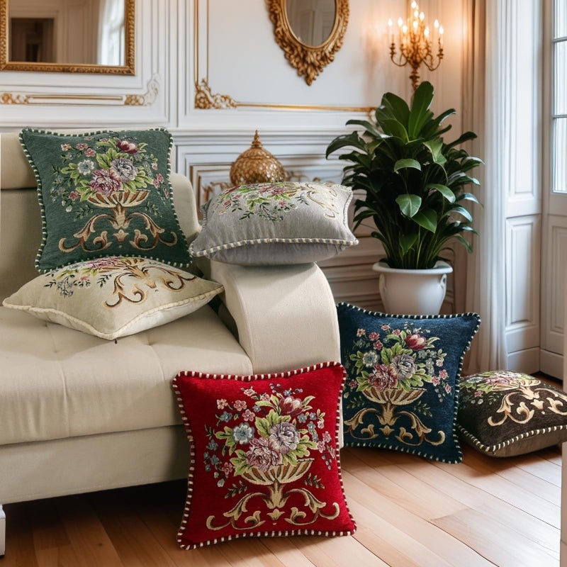 Qupace Set of 2 Beige Vintage Throw Pillows Covers 18x18inï¼ŒFloral Embroidered Cushion Cover for Sofa Bedroomï¼ŒEuro Sham Covers Retro Home Decor Pillows Covers - Image 3