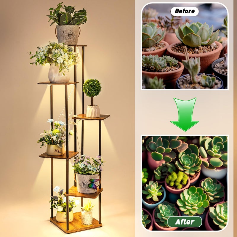 Dreyoo Plant Stand with Grow Light Indoor, 6 Tier 6 Potted Sturdy Metal Plant Shelf, Multiple Plant Holder Tall Plant Ladder for Display Plant Flower Corner Living Room Office (Black, Brown) - Image 4