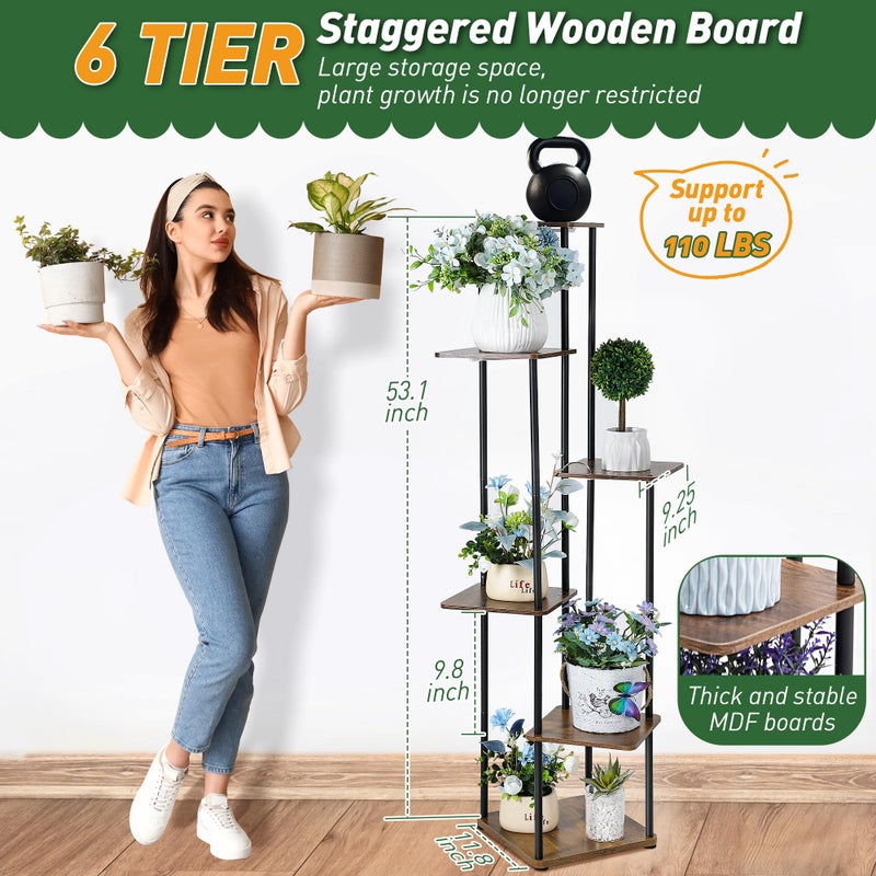 Dreyoo Plant Stand with Grow Light Indoor, 6 Tier 6 Potted Sturdy Metal Plant Shelf, Multiple Plant Holder Tall Plant Ladder for Display Plant Flower Corner Living Room Office (Black, Brown) - Image 2