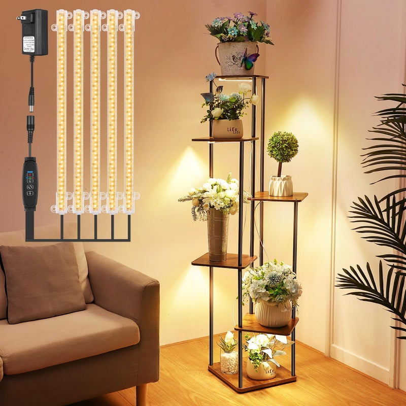 Dreyoo Plant Stand with Grow Light Indoor, 6 Tier 6 Potted Sturdy Metal Plant Shelf, Multiple Plant Holder Tall Plant Ladder for Display Plant Flower Corner Living Room Office (Black, Brown) - Image 1