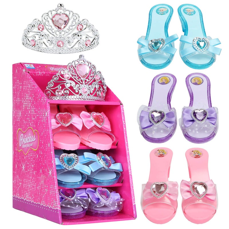 Mastom Girls Play Set! Princess Dress Up Shoes and Tiara (3 Pairs of Shoes + 1 Tiara) Role Play Collection Fashion Princess Shoe for Little Girls - Image 1