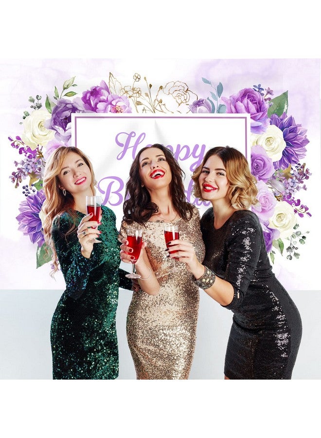 Rsuuinu Happy Birthday Backdrop Women Girls Purple And White Flowers Birthday Photography Background Spring Floral Party Cake Table Decorations Supplies Favors Photo Booth Props 7X5Ft - Image 2