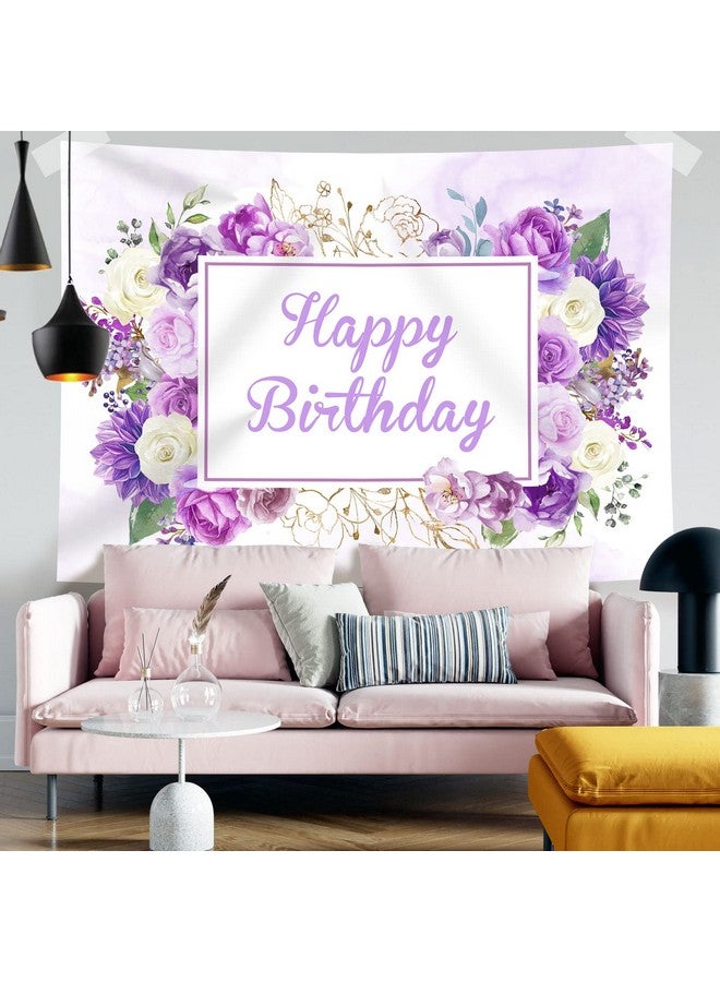 Rsuuinu Happy Birthday Backdrop Women Girls Purple And White Flowers Birthday Photography Background Spring Floral Party Cake Table Decorations Supplies Favors Photo Booth Props 7X5Ft - Image 4