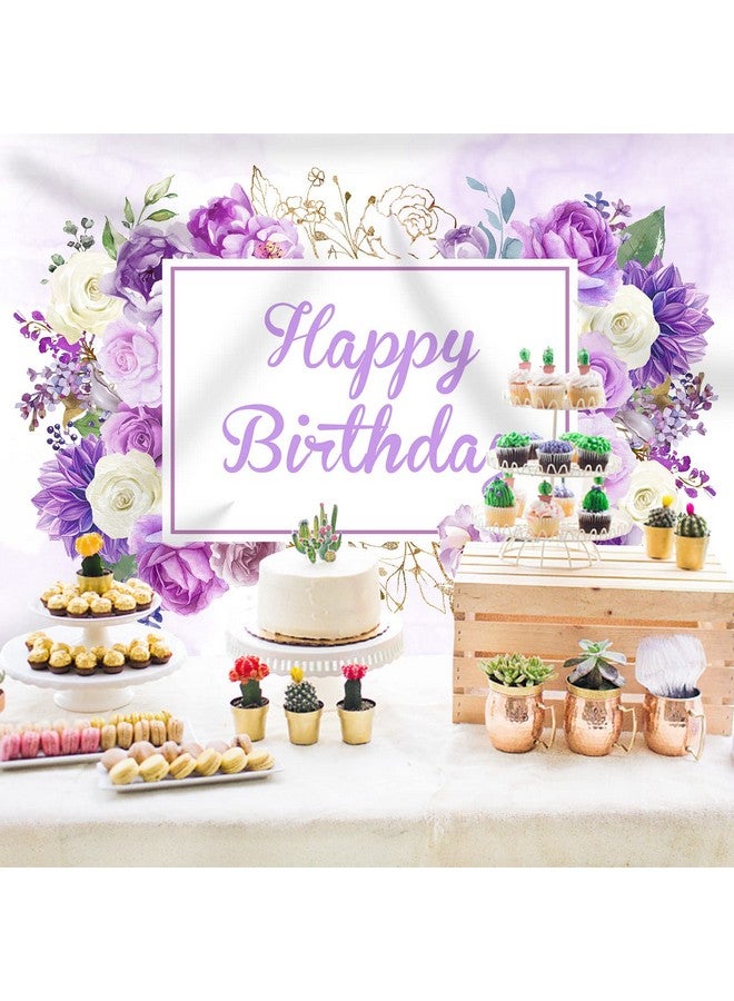 Rsuuinu Happy Birthday Backdrop Women Girls Purple And White Flowers Birthday Photography Background Spring Floral Party Cake Table Decorations Supplies Favors Photo Booth Props 7X5Ft - Image 3