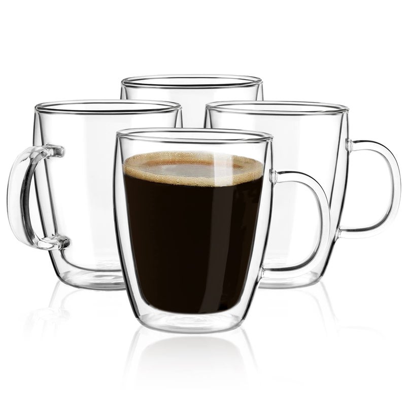 YUNCANG Double Wall Coffee Mugs, (4-Pcak) 16 Ounces-Clear Glass with Handle,lnsulated,Cappuccino,Tea,LatteCups,Beverage Glasses Heat Resistant - Image 1