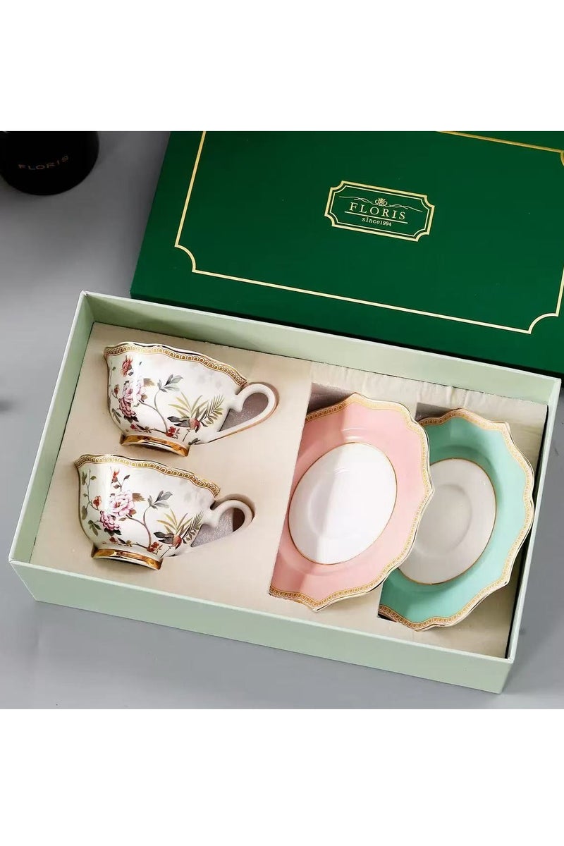 فلوريس 4 قطع من أطقم الشاي مع 2 قطع من أكواب القهوة وأطقم الصحون، أكواب شاي بتصميم زهري رجعي، طقم أكواب وصحون فاخر باللون الأزرق الفاتح والوردي مزين بالذهب، كوب مياه حديث من البورسلين للمكتب والمنزل، صندوق هدايا لهدية زفاف أو عيد ميلاد. - Image 1