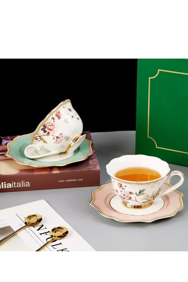 فلوريس 4 قطع من أطقم الشاي مع 2 قطع من أكواب القهوة وأطقم الصحون، أكواب شاي بتصميم زهري رجعي، طقم أكواب وصحون فاخر باللون الأزرق الفاتح والوردي مزين بالذهب، كوب مياه حديث من البورسلين للمكتب والمنزل، صندوق هدايا لهدية زفاف أو عيد ميلاد. - Image 4