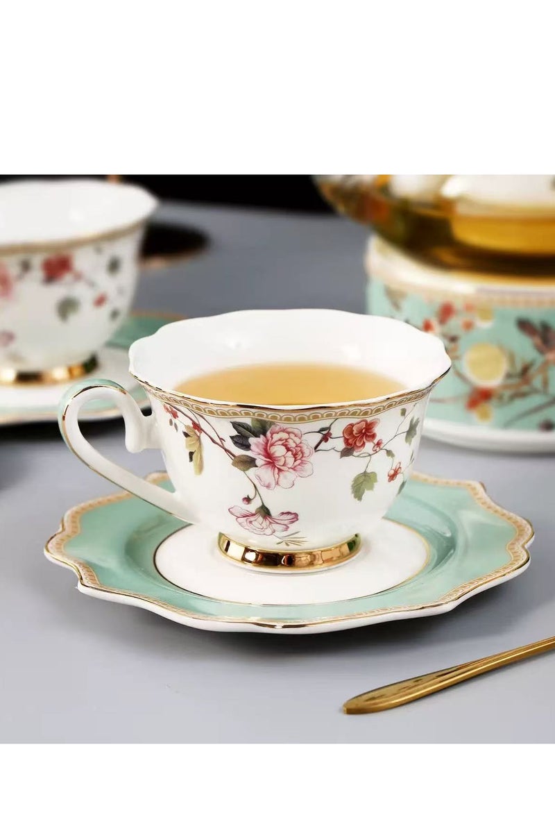 فلوريس 4 قطع من أطقم الشاي مع 2 قطع من أكواب القهوة وأطقم الصحون، أكواب شاي بتصميم زهري رجعي، طقم أكواب وصحون فاخر باللون الأزرق الفاتح والوردي مزين بالذهب، كوب مياه حديث من البورسلين للمكتب والمنزل، صندوق هدايا لهدية زفاف أو عيد ميلاد. - Image 2