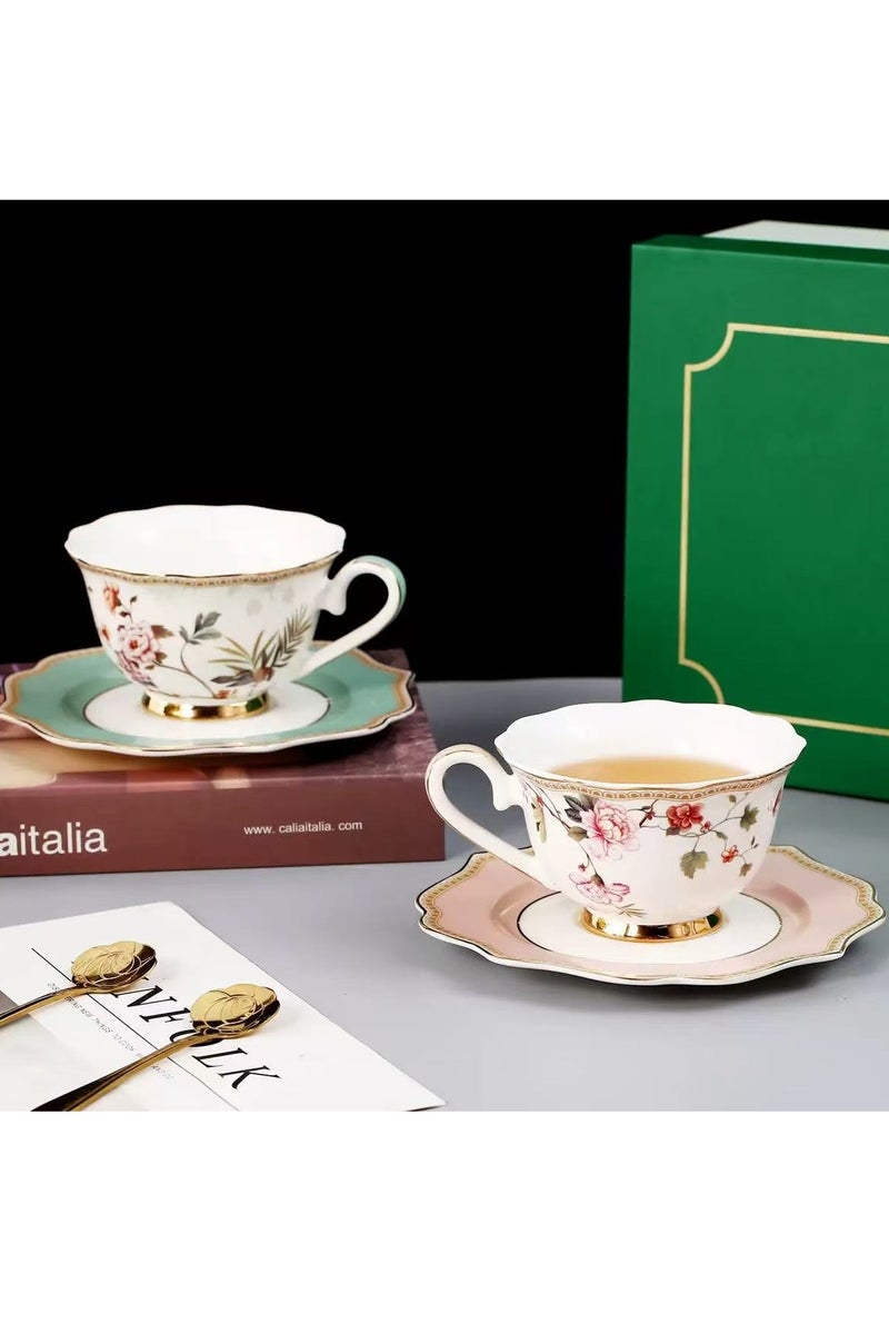 فلوريس 4 قطع من أطقم الشاي مع 2 قطع من أكواب القهوة وأطقم الصحون، أكواب شاي بتصميم زهري رجعي، طقم أكواب وصحون فاخر باللون الأزرق الفاتح والوردي مزين بالذهب، كوب مياه حديث من البورسلين للمكتب والمنزل، صندوق هدايا لهدية زفاف أو عيد ميلاد. - Image 3