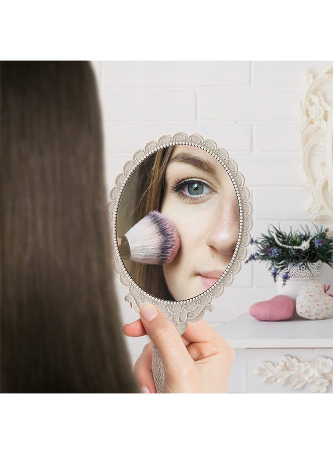 مرآة محمولة بمقبض ، مرايا يدوية مدمجة للماكياج للنساء مرايا محفظة صغيرة عتيقة للسفر ، مرايا صغيرة محمولة باليد للفتيات زهرة منقوشة مزخرفة (أبيض عاجي) - Image 4