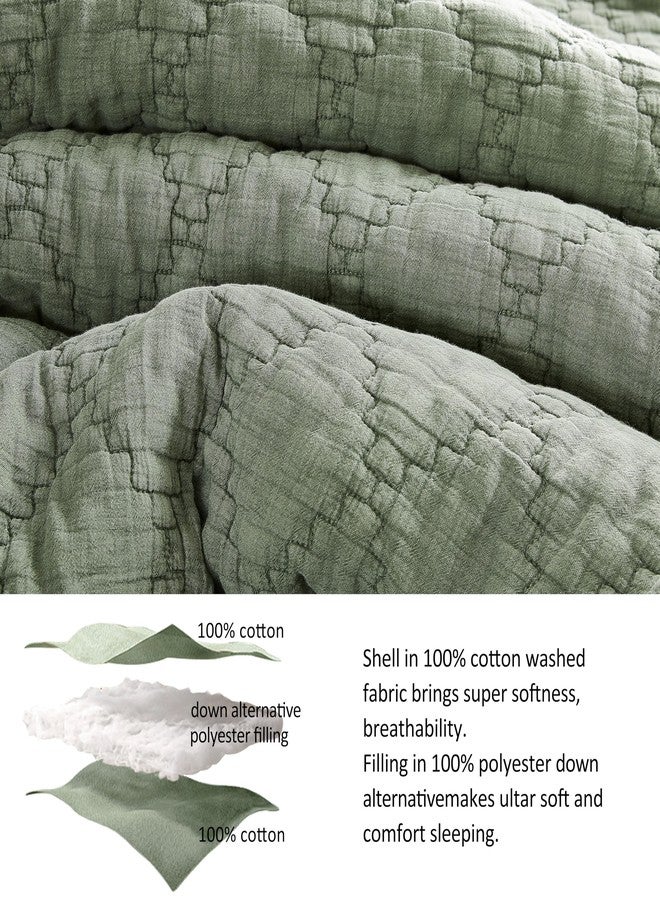 palassio Olive Green King Size Quilt Set, Muslin Cotton Shell Down-Alt Poly Filling, Soft Shabby Chic Rustic Farmhouse Country Bedspread, Textured Gauze Coverlet, Lightweight Bedding, 2 Shams - Image 2