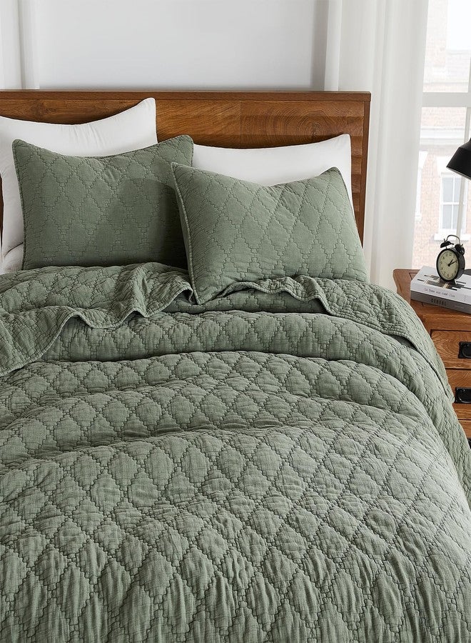 palassio Olive Green King Size Quilt Set, Muslin Cotton Shell Down-Alt Poly Filling, Soft Shabby Chic Rustic Farmhouse Country Bedspread, Textured Gauze Coverlet, Lightweight Bedding, 2 Shams - Image 4