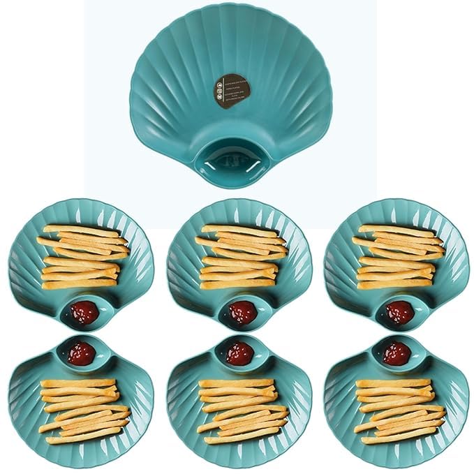 RoarCraft Wheat Straw Japanese Style Shell Dumpling Plate with Dipping Dish – Versatile Plate for Sushi, Snacks, Fruit – Perfect for Home and Commercial Use (Green, Set of 6, 18.5 x 17 x 2.5 CM) - Image 1