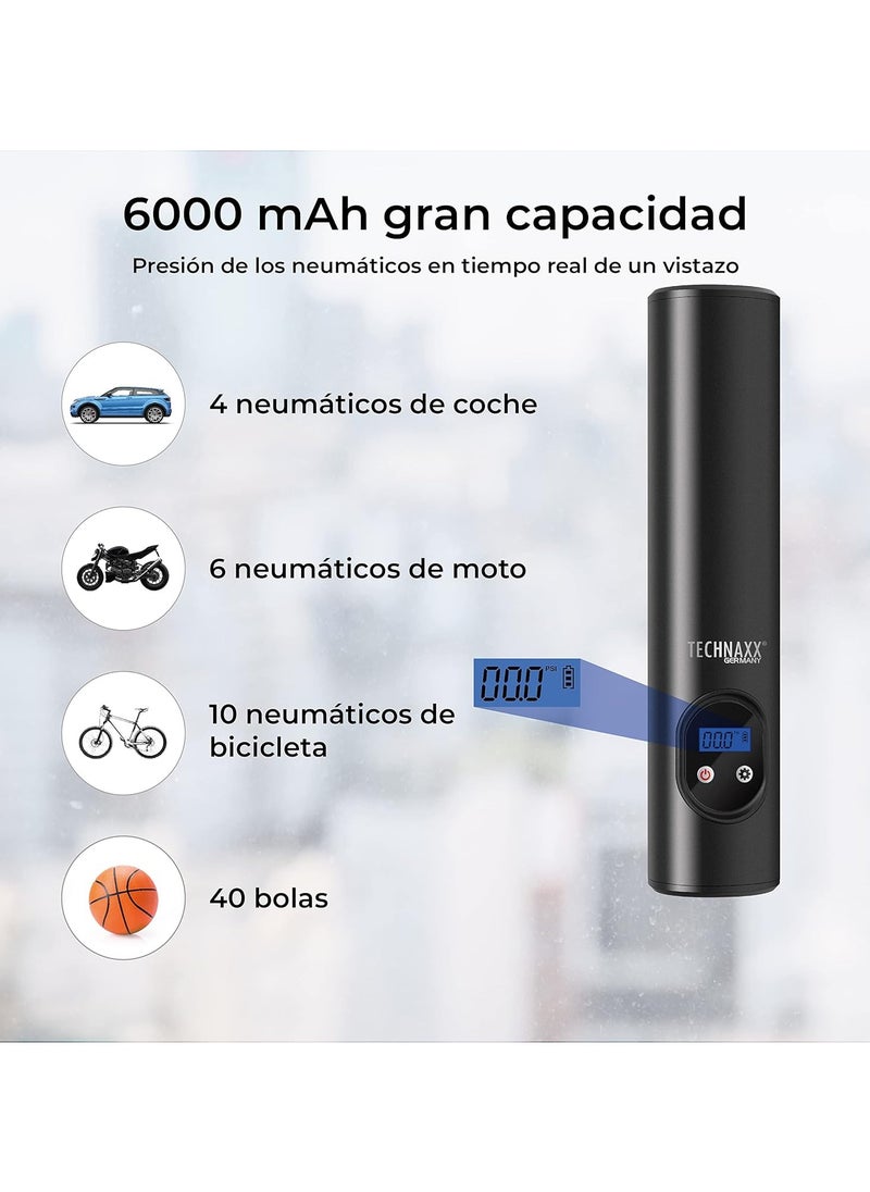 تكناكس ألمانيا ضاغط هواء محمول يعمل بالبطارية مع 6 مصابيح عمل LED، بطارية 6000 مللي أمبير، كشف ضغط الإطارات الرقمي، وظيفة إيقاف التشغيل التلقائي مضخة كهربائية للسيارات والدراجات النارية، ضغط 8 بار، أسود  - Image 3