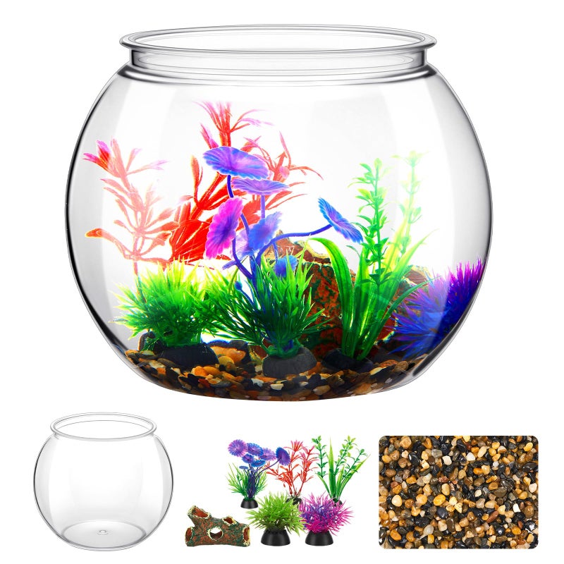 Yiyiring 1 Gallon Plastic Betta Fish Bowl with 6 Pcs Artificial Plastic Plants and 500g Decorative Gravel, Betta Fish Tank and Decoration Accessories Small Large Bowl Ornaments Starter Kit - Image 1