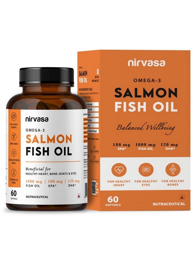 Nirvasa Omega 3 Salmon Fish Oil Capsules | 1000mg Omega 3 with 180mg EPA & 120mg DHA | No Fishy Burps | Best Fish Oil for Heart Brain Joint & Bone Health | For Men & Women | 60 Softgels | Pack of 1 - Image 1