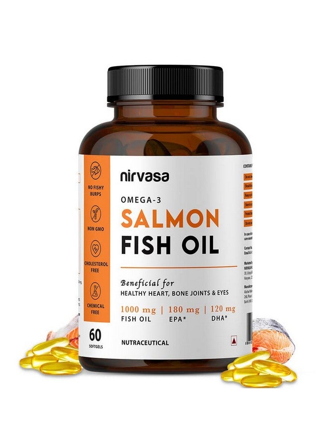 Nirvasa Omega 3 Salmon Fish Oil Capsules | 1000mg Omega 3 with 180mg EPA & 120mg DHA | No Fishy Burps | Best Fish Oil for Heart Brain Joint & Bone Health | For Men & Women | 60 Softgels | Pack of 1 - Image 2