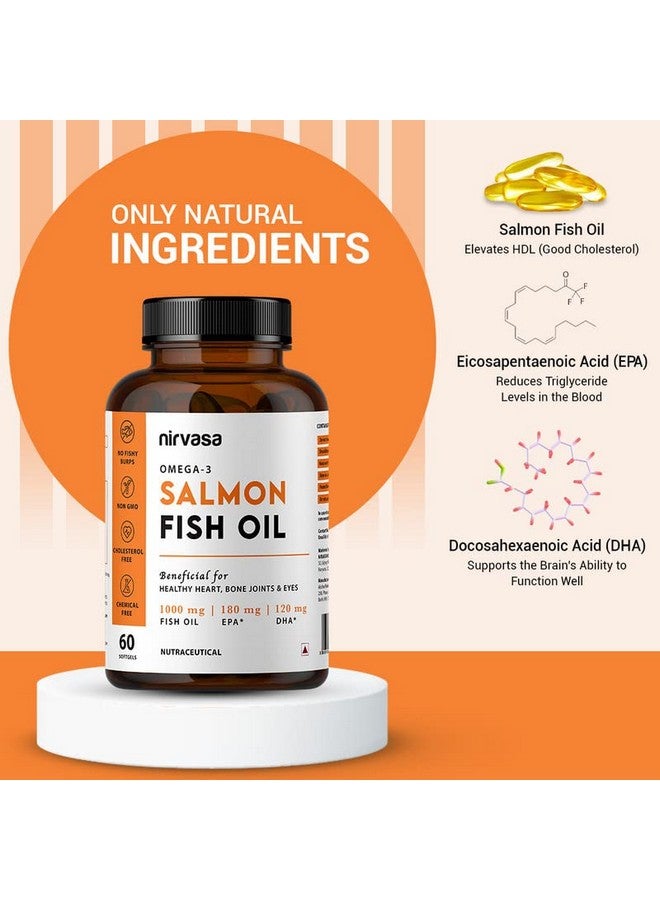 Nirvasa Omega 3 Salmon Fish Oil Capsules | 1000mg Omega 3 with 180mg EPA & 120mg DHA | No Fishy Burps | Best Fish Oil for Heart Brain Joint & Bone Health | For Men & Women | 60 Softgels | Pack of 1 - Image 5