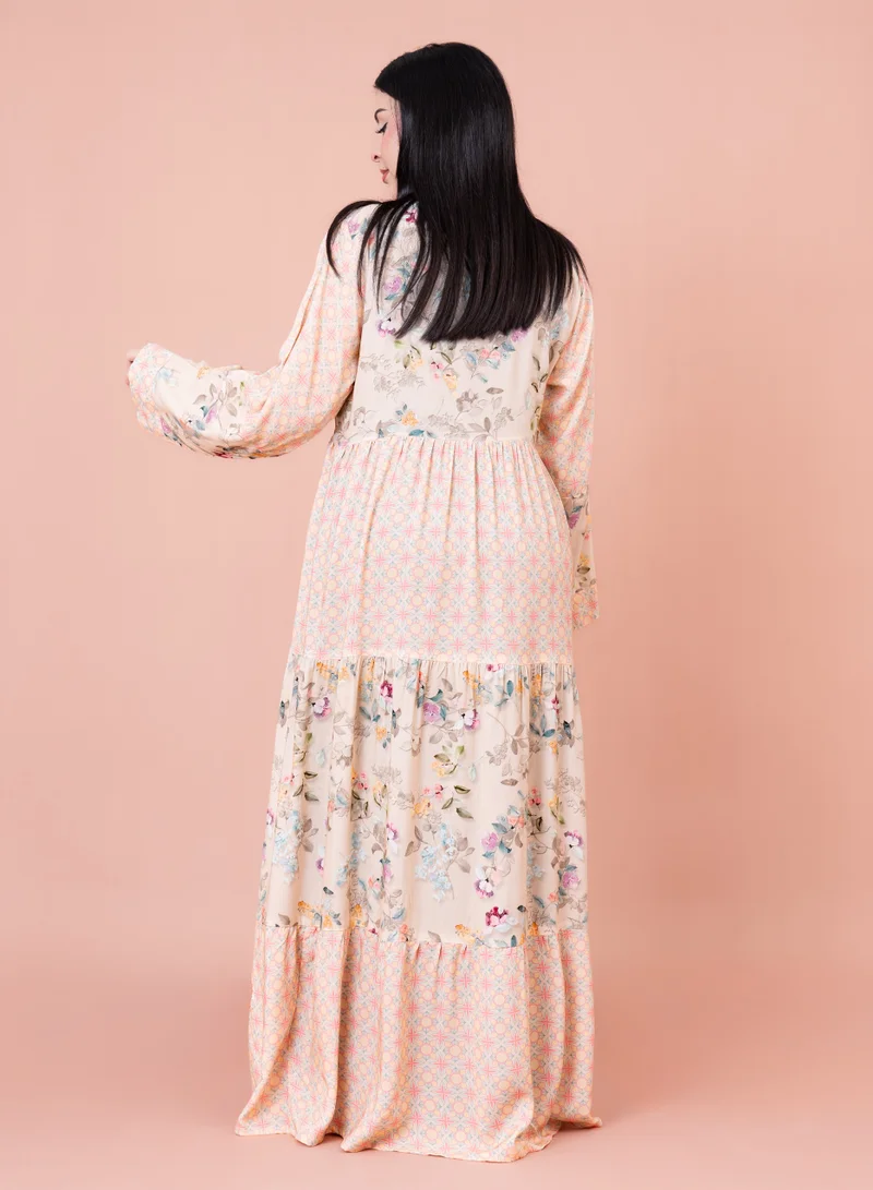 IKKXA Floral Flared Sleeves Pattern Jalabiya IN053 Beige