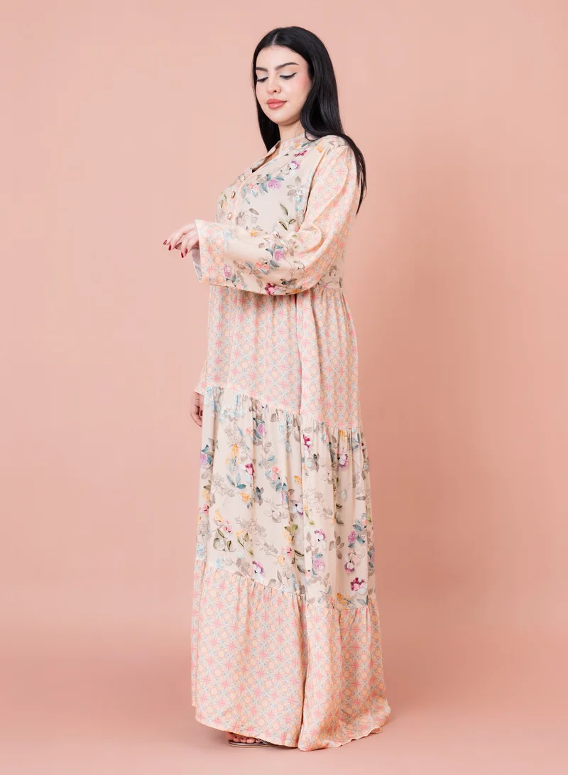 IKKXA Floral Flared Sleeves Pattern Jalabiya IN053 Beige