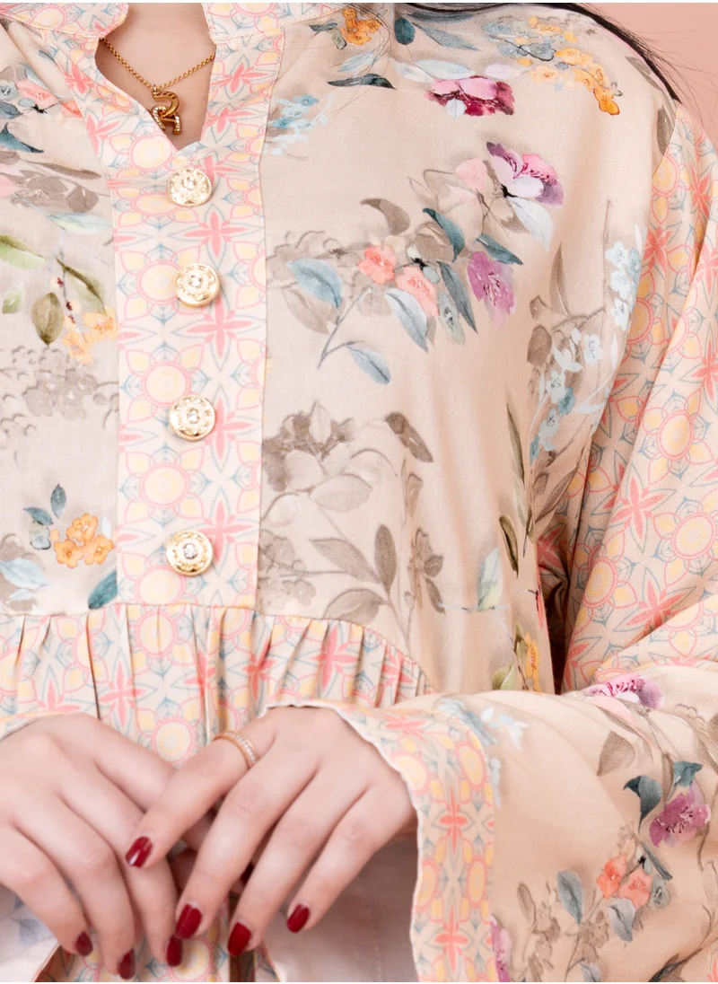 IKKXA Floral Flared Sleeves Pattern Jalabiya IN053 Beige