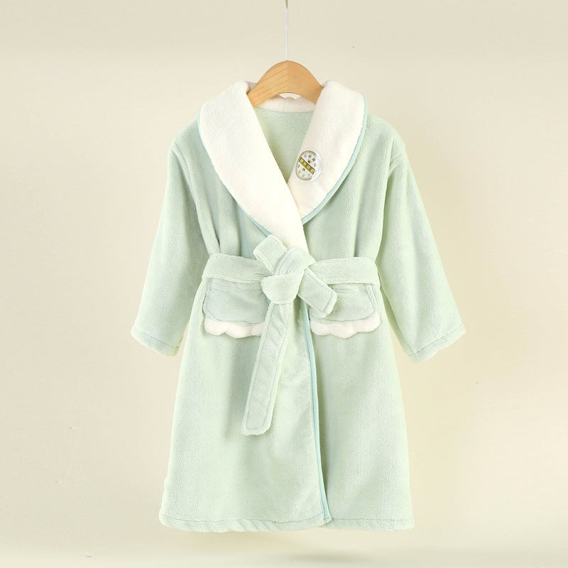 Cozy Fleece Kids Bathrobe Cartoon Sleepwear Light green 