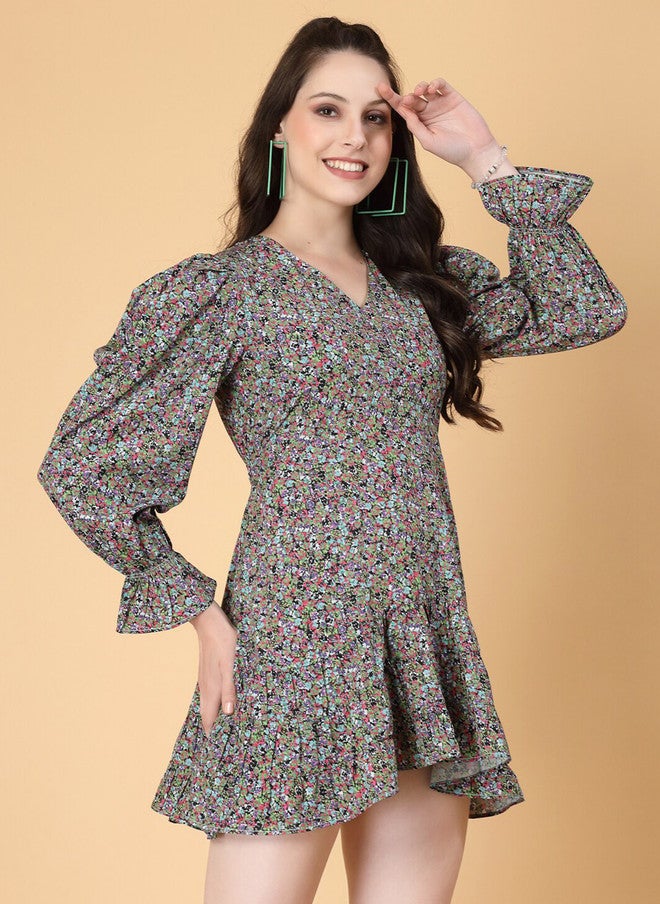 RAASSIO فستان ميدي مزخرف بالأزهار بأكمام منتفخة للنساء - Image 4