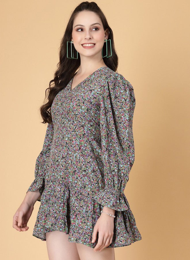 RAASSIO فستان ميدي مزخرف بالأزهار بأكمام منتفخة للنساء - Image 5