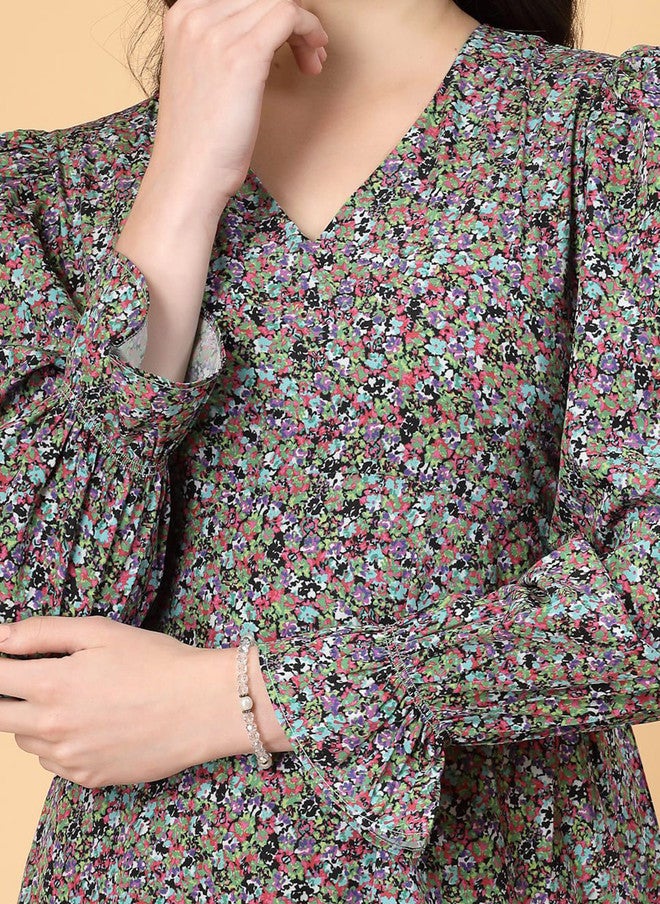 RAASSIO فستان ميدي مزخرف بالأزهار بأكمام منتفخة للنساء - Image 3