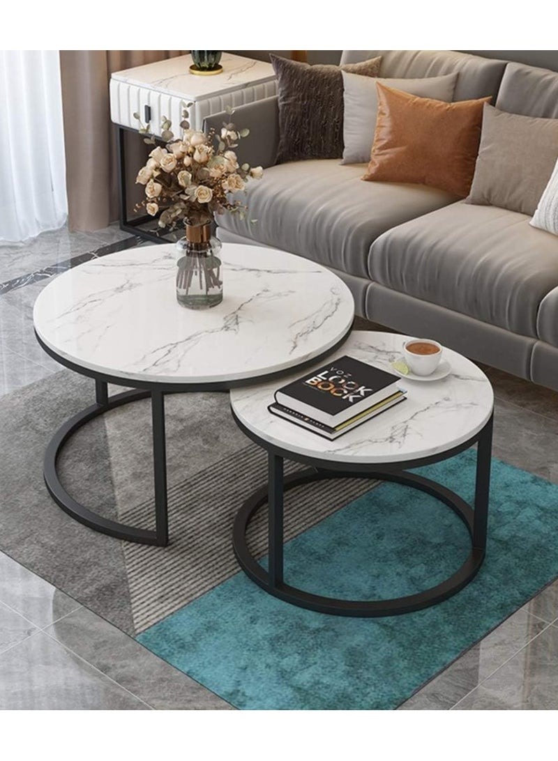 DubaiGallery Round Nesting Coffee Table Set of 2 Stacking Coffee Table Living Room Round Nested End Table Side Table Look Density board Sofa Side Nest of Tables Metal Frame Home Decor Sets - Image 2