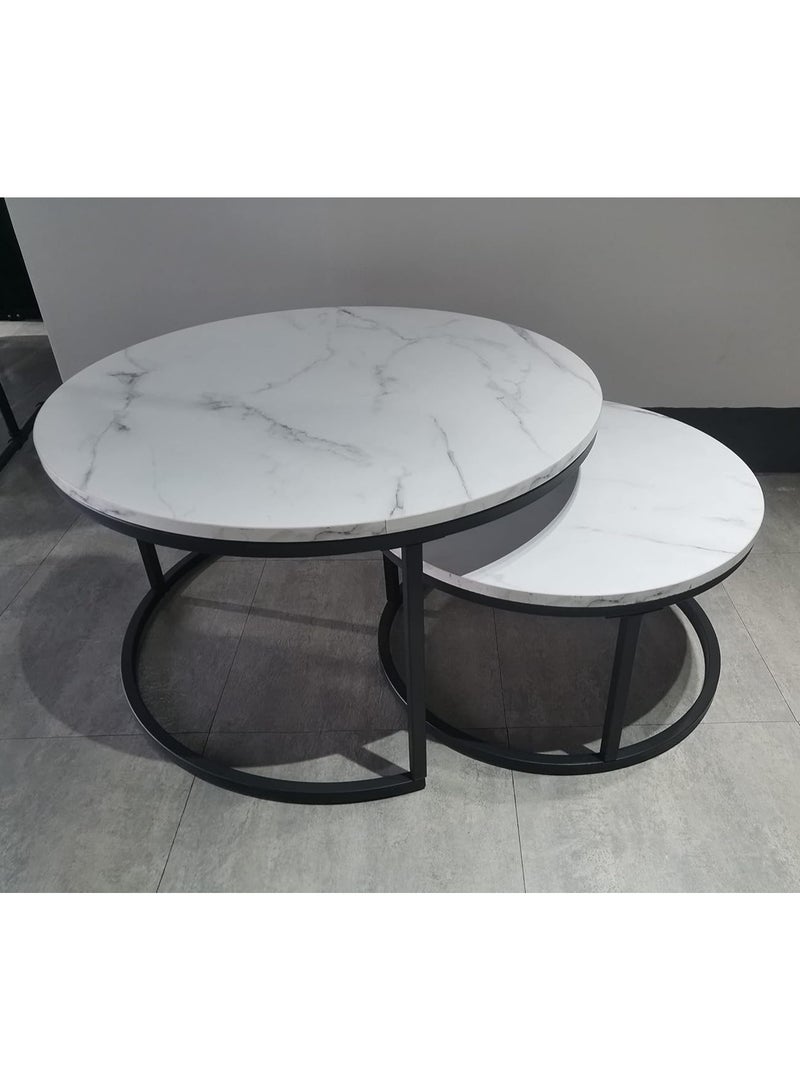 DubaiGallery Round Nesting Coffee Table Set of 2 Stacking Coffee Table Living Room Round Nested End Table Side Table Look Density board Sofa Side Nest of Tables Metal Frame Home Decor Sets - Image 4