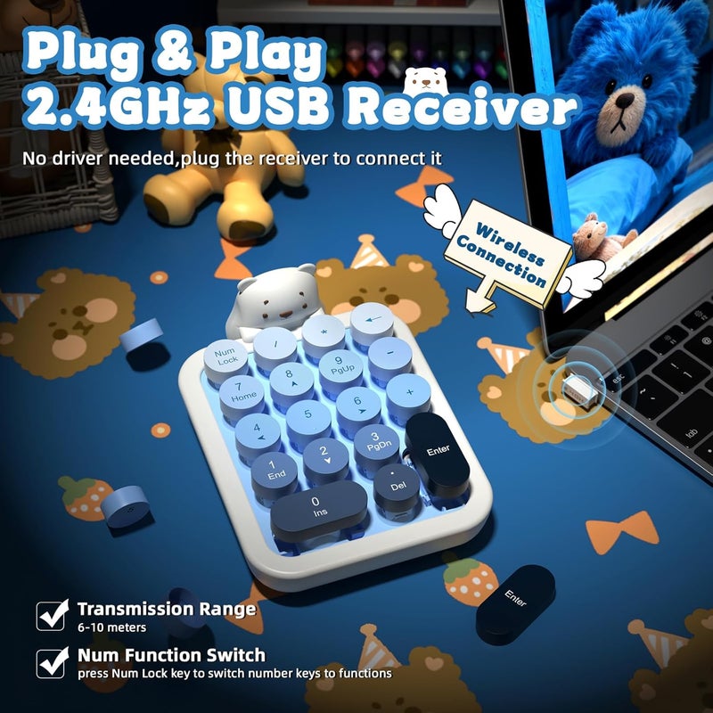 FELICON Cute Wireless Numeric Keypad with Silicon Bear,18-Key Colorful Round Keycaps,Ergonomic,2.4G Wireless Connection,Portable Financial Accounting Numpad Membrane Keyboard for PC,Laptop(Milk Blue) - Image 4