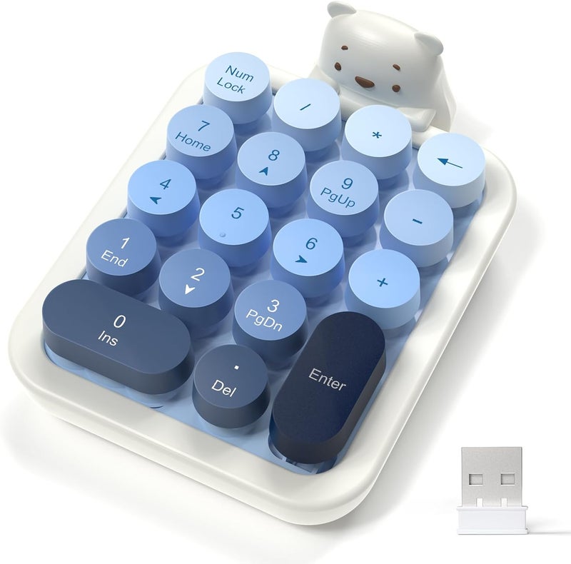 FELICON Cute Wireless Numeric Keypad with Silicon Bear,18-Key Colorful Round Keycaps,Ergonomic,2.4G Wireless Connection,Portable Financial Accounting Numpad Membrane Keyboard for PC,Laptop(Milk Blue) - Image 1