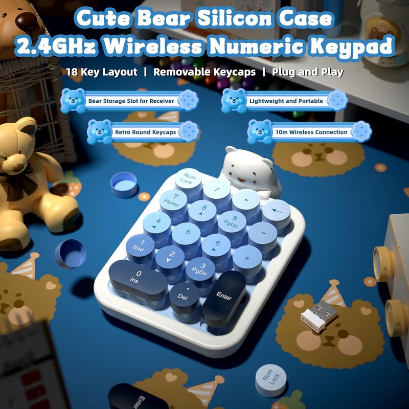 FELICON Cute Wireless Numeric Keypad with Silicon Bear,18-Key Colorful Round Keycaps,Ergonomic,2.4G Wireless Connection,Portable Financial Accounting Numpad Membrane Keyboard for PC,Laptop(Milk Blue) - Image 2