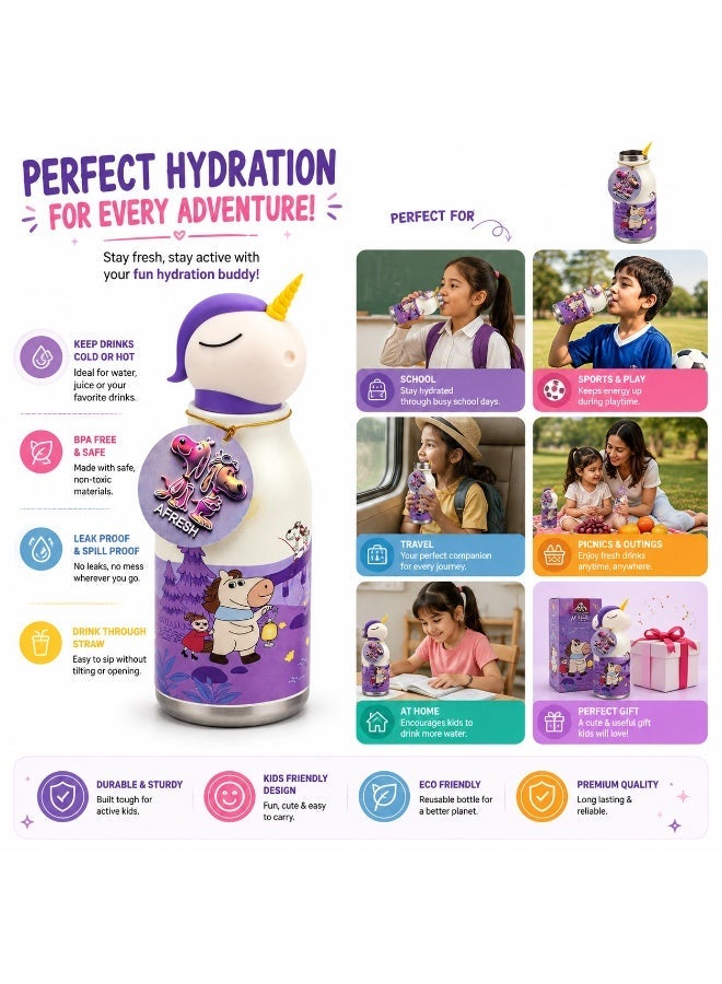 Twisoo Kids Water Bottle 450ml, Stainless Steel Insulated Bottle, 12–24 Hour Hot & Cold, Cartoon Animal Design, Straw Lid for School 316 Stainless Steel Cartoon Animal Lid Double Wall Vacuum - Image 2