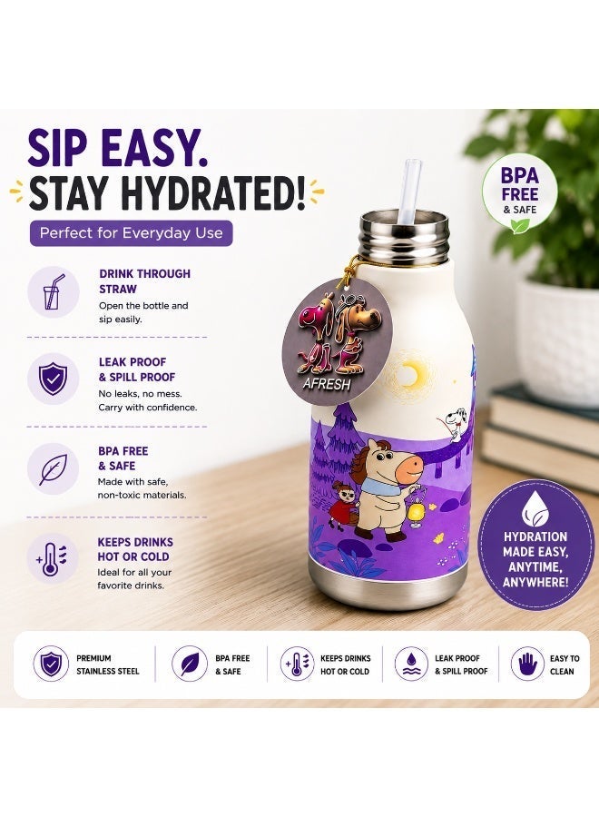 Twisoo Kids Water Bottle 450ml, Stainless Steel Insulated Bottle, 12–24 Hour Hot & Cold, Cartoon Animal Design, Straw Lid for School 316 Stainless Steel Cartoon Animal Lid Double Wall Vacuum - Image 3
