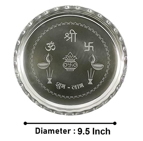 BENGALEN Pooja Thali Set Silver Plated 9.5 Inch with Puja Plate and Other Items Kalash Palli Diya Kumkum Holder Bowl Dhup Dan Coin Ghanti with Thali for Home Mandir Office Diwali Gift Item - Image 2