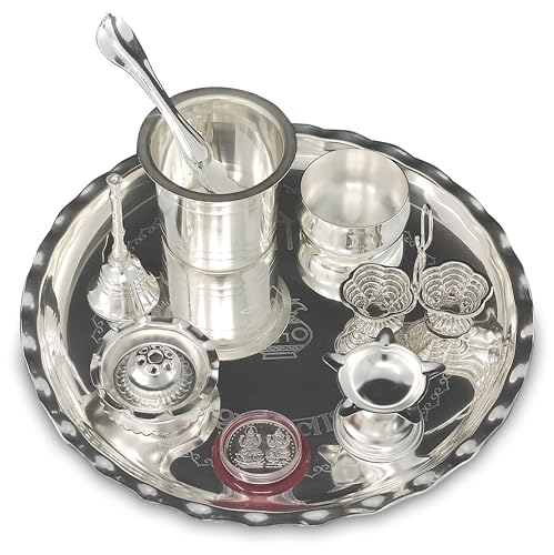 BENGALEN Pooja Thali Set Silver Plated 9.5 Inch with Puja Plate and Other Items Kalash Palli Diya Kumkum Holder Bowl Dhup Dan Coin Ghanti with Thali for Home Mandir Office Diwali Gift Item - Image 4