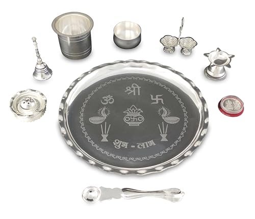 BENGALEN Pooja Thali Set Silver Plated 9.5 Inch with Puja Plate and Other Items Kalash Palli Diya Kumkum Holder Bowl Dhup Dan Coin Ghanti with Thali for Home Mandir Office Diwali Gift Item - Image 3
